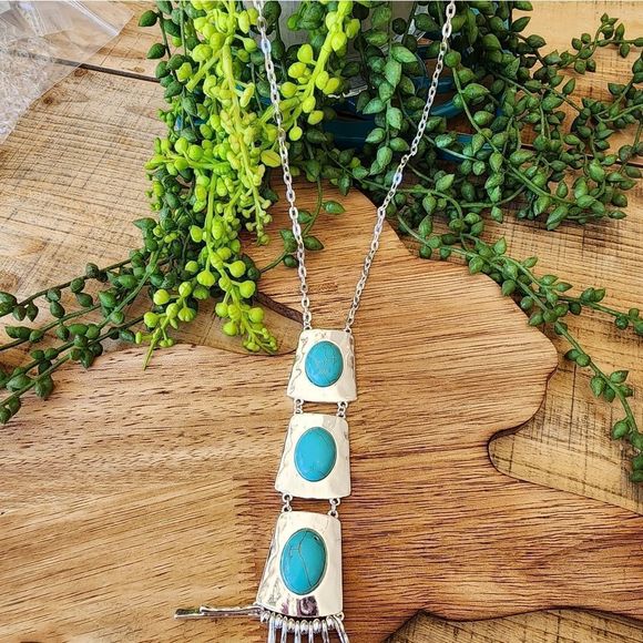 Style and Co three stone highlight turquoise and silver long necklace NWT - Picture 2 of 6